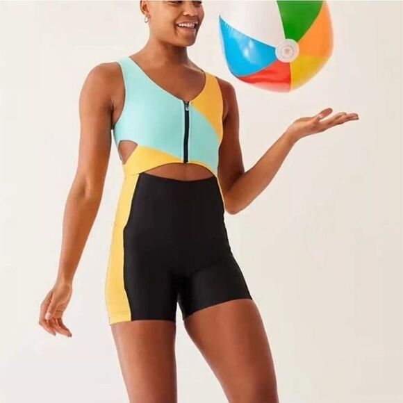 Outdoor Voices SplashKnit colorblock teal & yellow M sporty romper - Picture 1 of 6